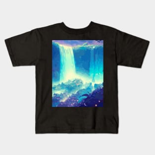 Fantasy village under waterfall painting Kids T-Shirt